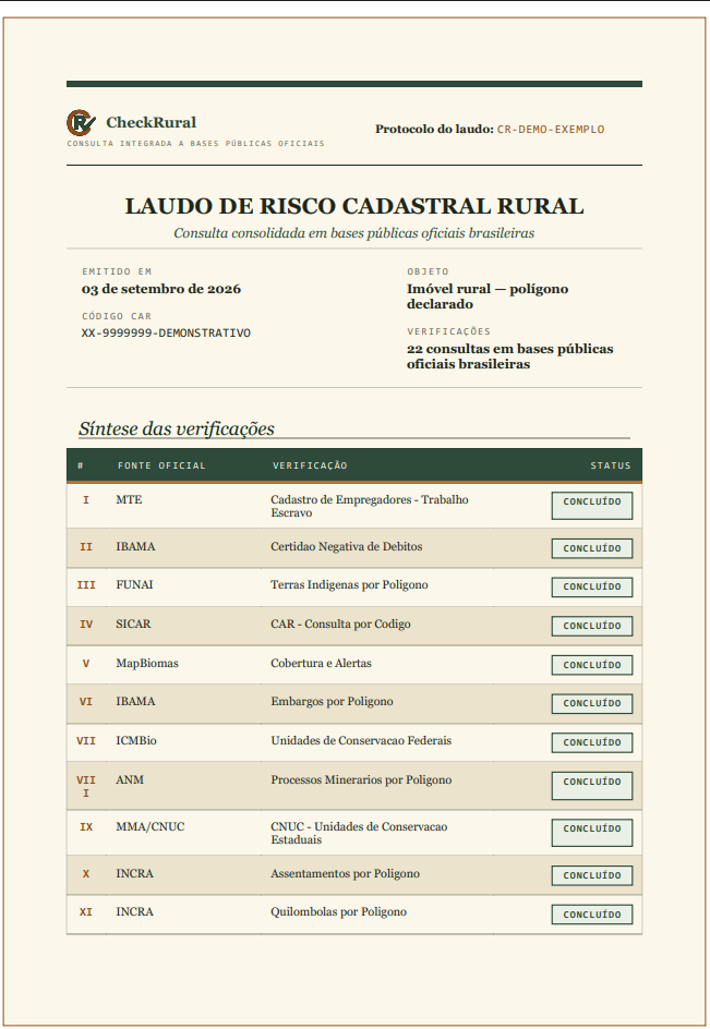 Primeira página do laudo de exemplo, com a síntese das verificações e o status de cada base consultada.